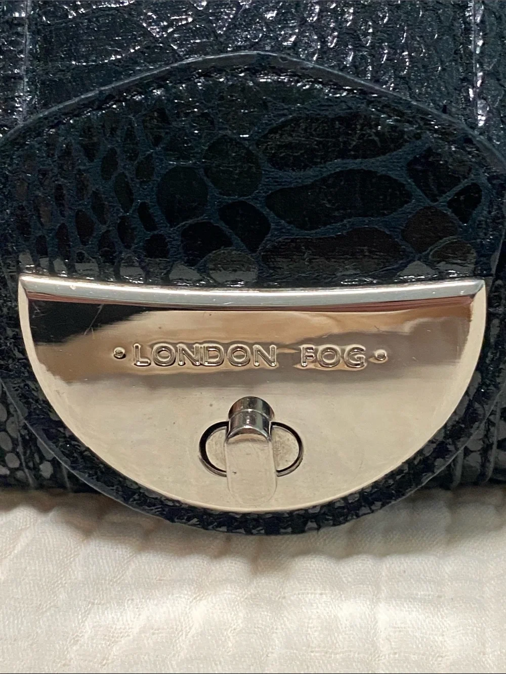 London Fog Black Patent Snakeskin-Embossed Clutch with Silver Hardware